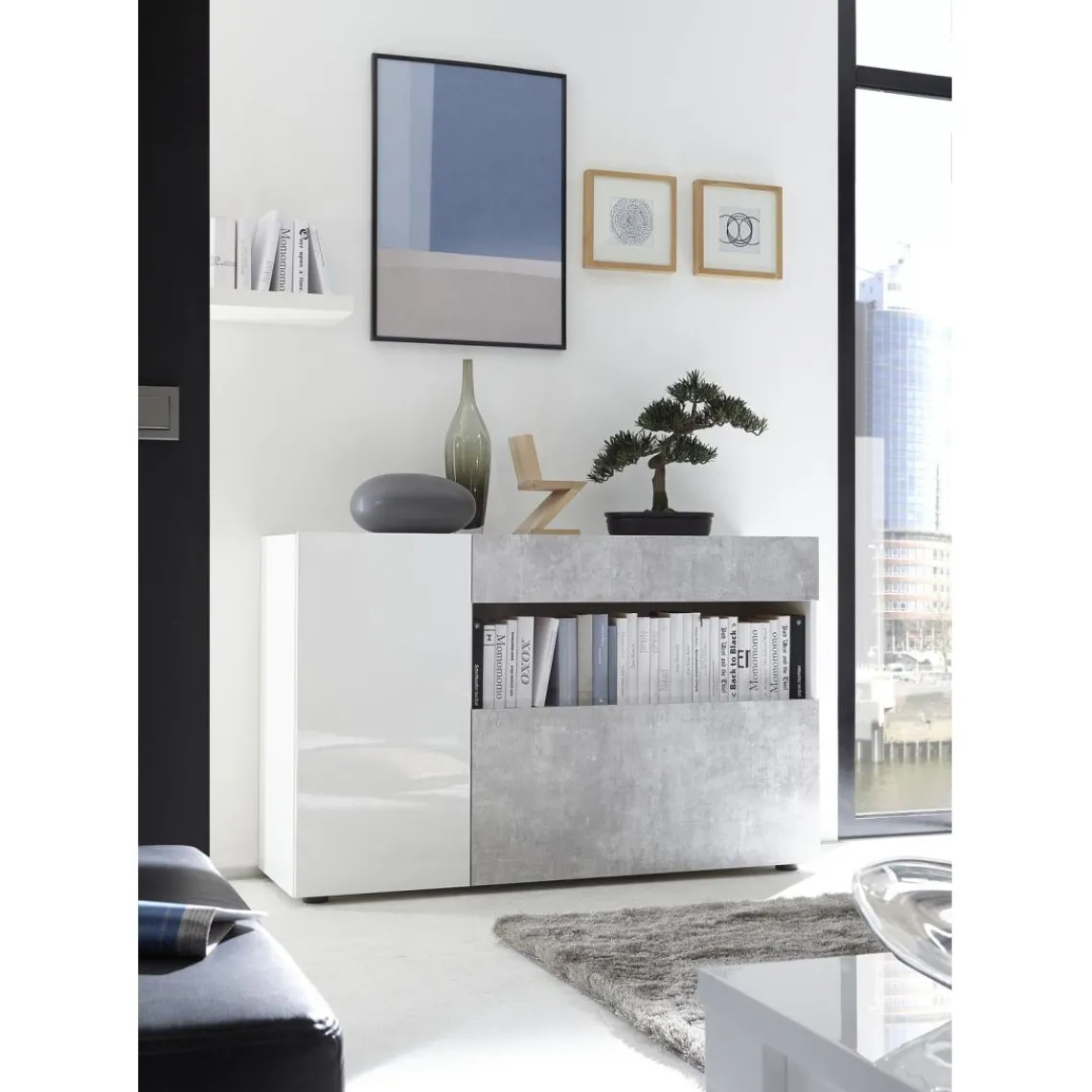 3S. x Home Buffet une porte, 1 tiroir, 1 abattant NICE blanc et facade décor beton Hot