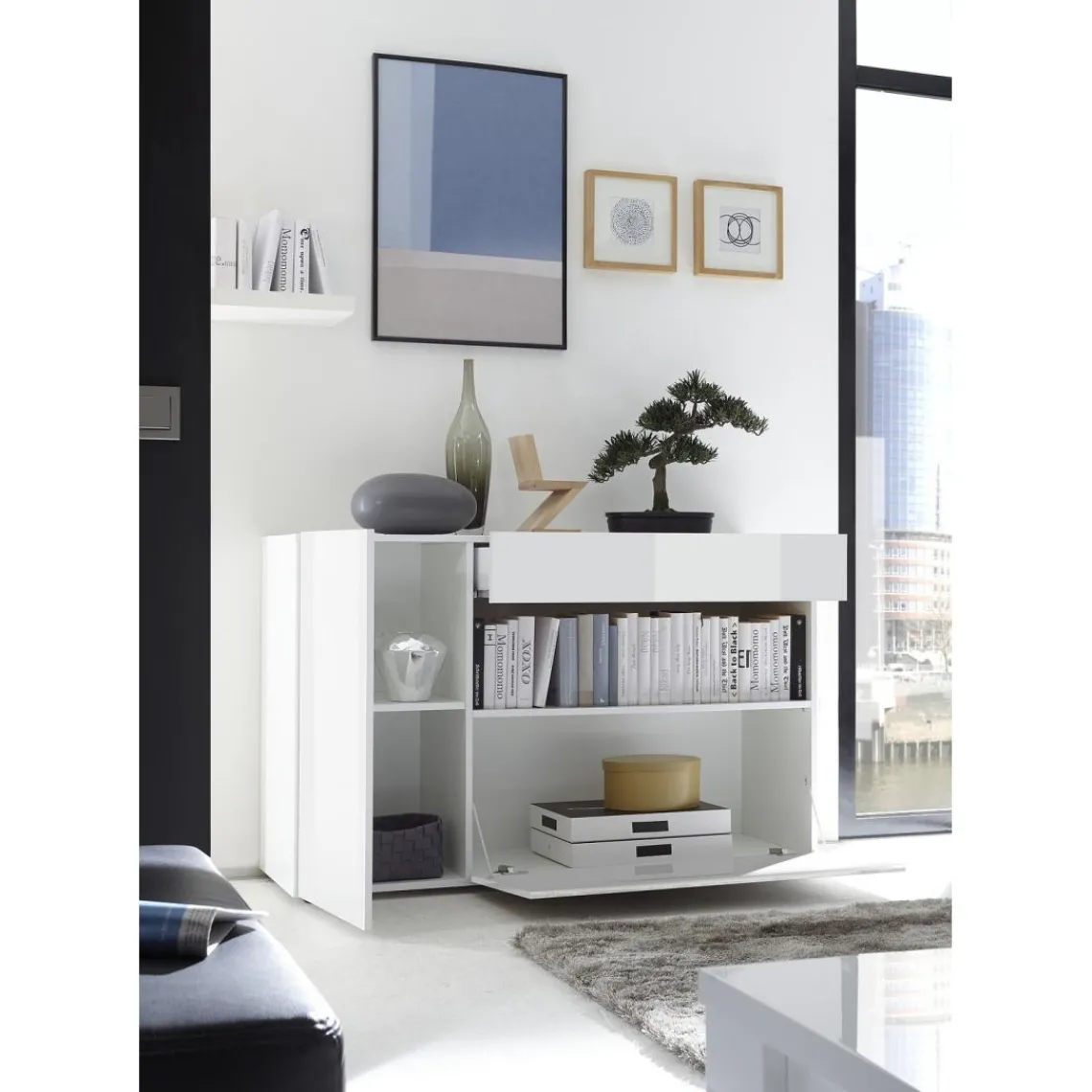 3S. x Home Buffet une porte, 1 tiroir, 1 abattant NICE blanc Outlet