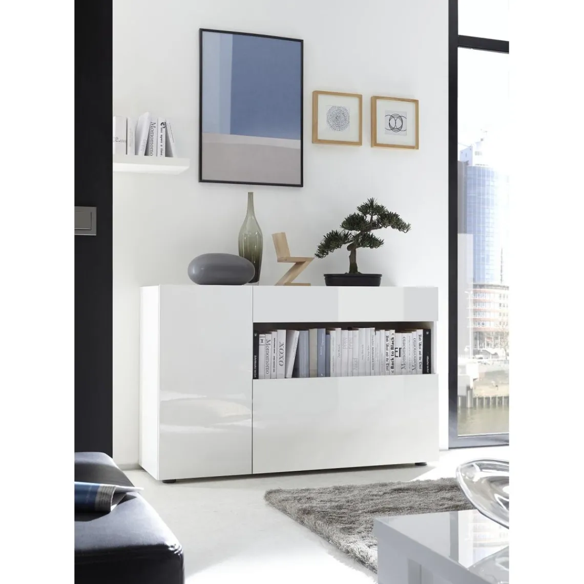 3S. x Home Buffet une porte, 1 tiroir, 1 abattant NICE blanc Outlet