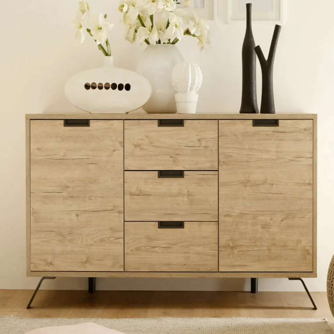 3S. x Home Buffet vaisselier 2 portes et 3 tiroirs PALMA décor chene Discount