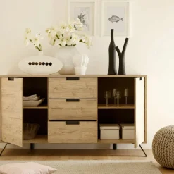 3S. x Home Buffet vaisselier 2 portes et 3 tiroirs PALMA décor chene Discount