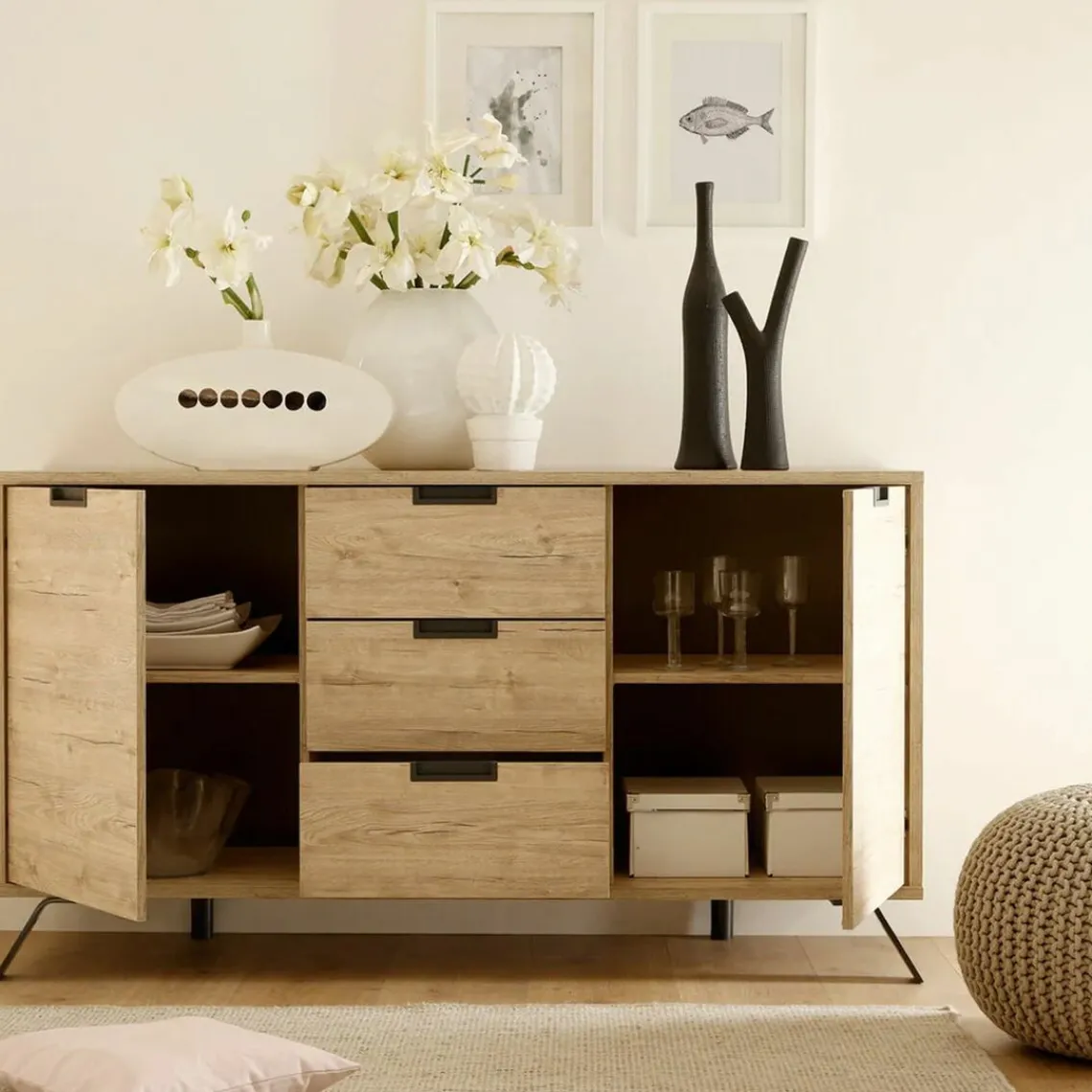3S. x Home Buffet vaisselier 2 portes et 3 tiroirs PALMA décor chene Discount