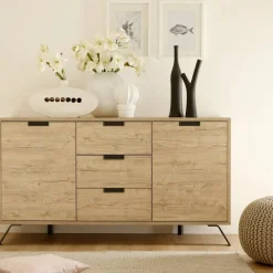 3S. x Home Buffet vaisselier 2 portes et 3 tiroirs PALMA décor chene Discount