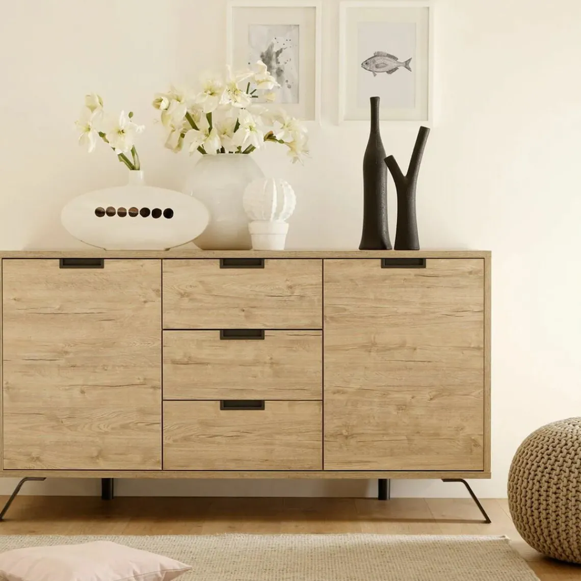 3S. x Home Buffet vaisselier 2 portes et 3 tiroirs PALMA décor chene Discount