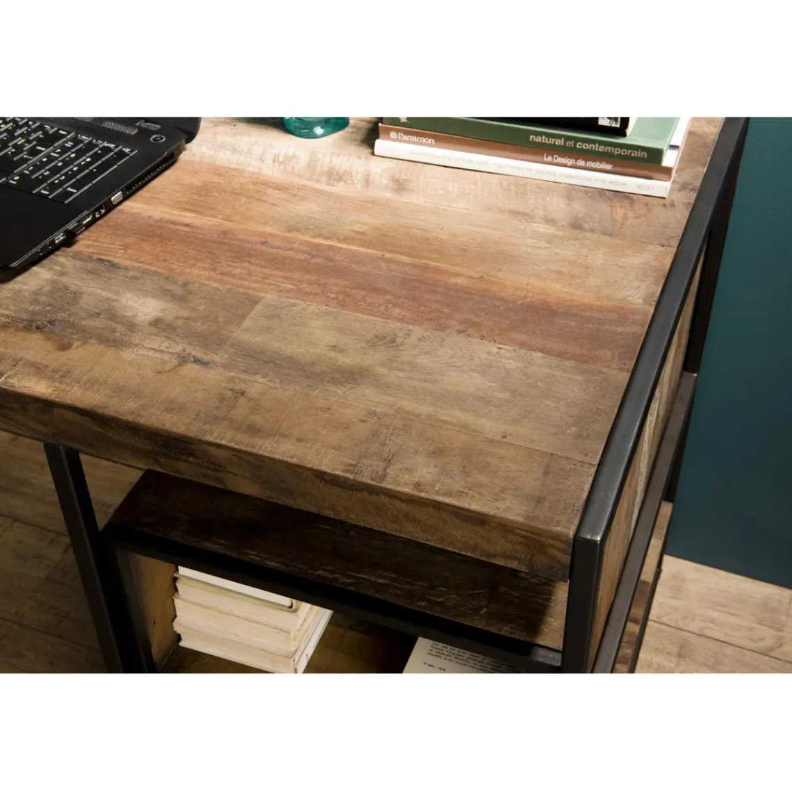 Macabane Bureau 1 Niche Et 1 Tablette Bois Teck Recyclé Acacia Mahogany Et Métal Outlet