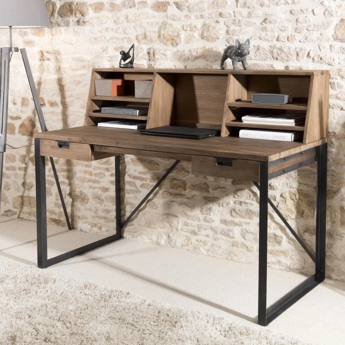 Macabane Bureau 2 tiroirs avec étagères en teck recyclé et métal - Brun Best