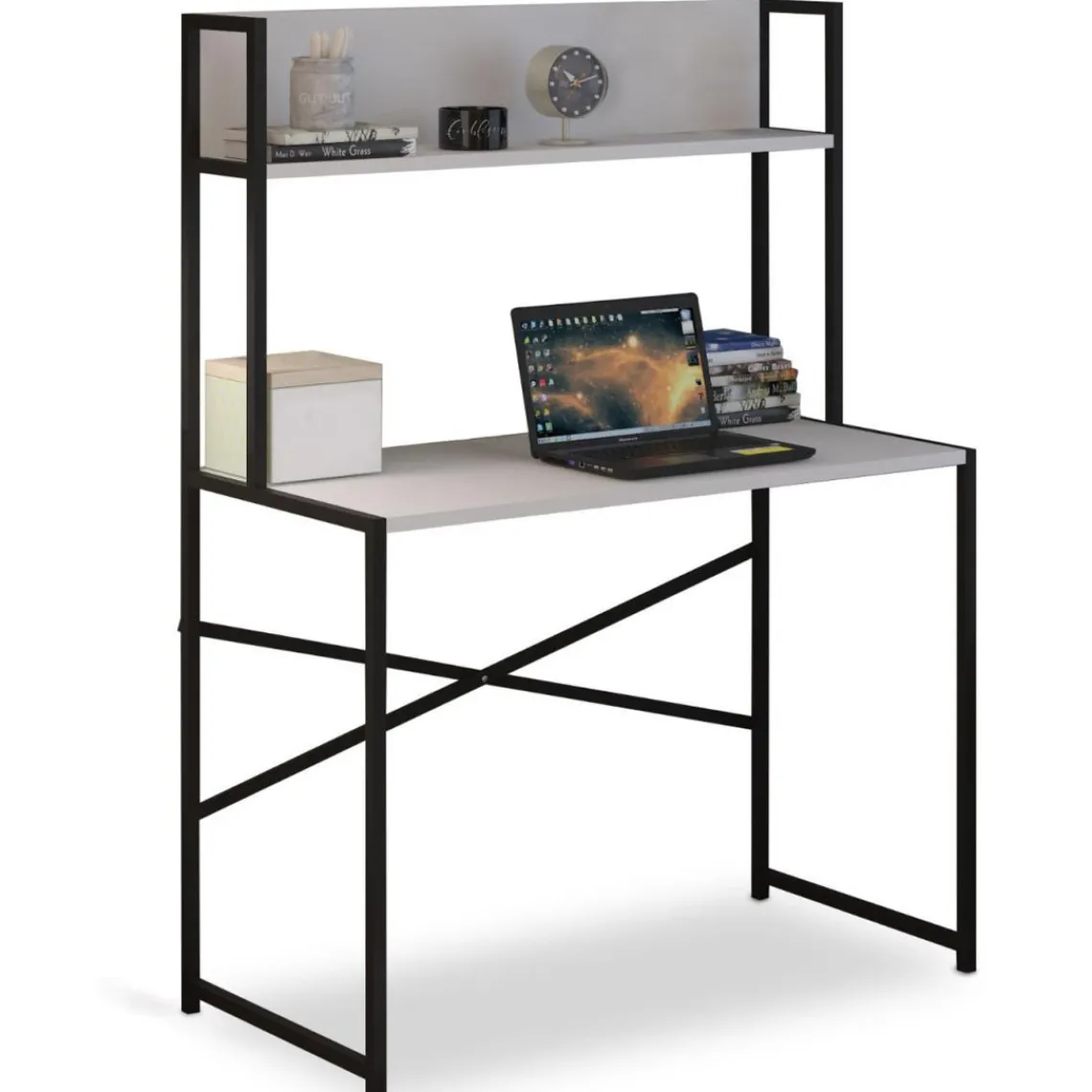 3S. x Home Bureau avec étagère style industriel BUZELIN L100xP50cm Blanc Hot