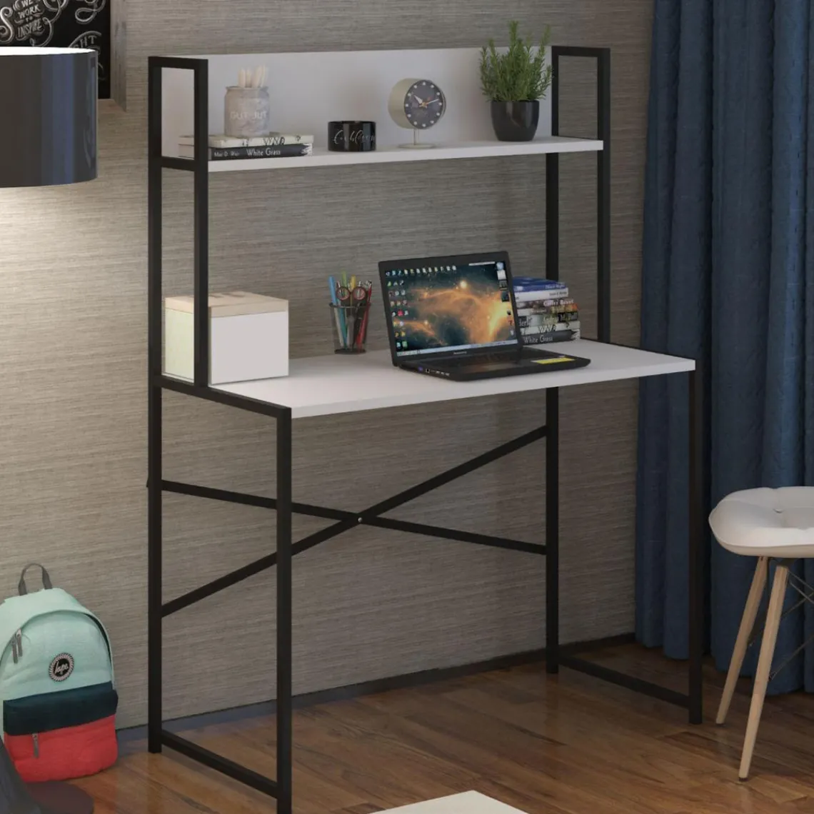 3S. x Home Bureau avec étagère style industriel BUZELIN L100xP50cm Blanc Hot