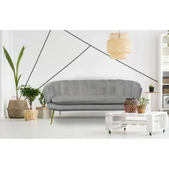 3S. x Home Canapé 3 places arrondi Brenda Velours Argent pieds Or Best