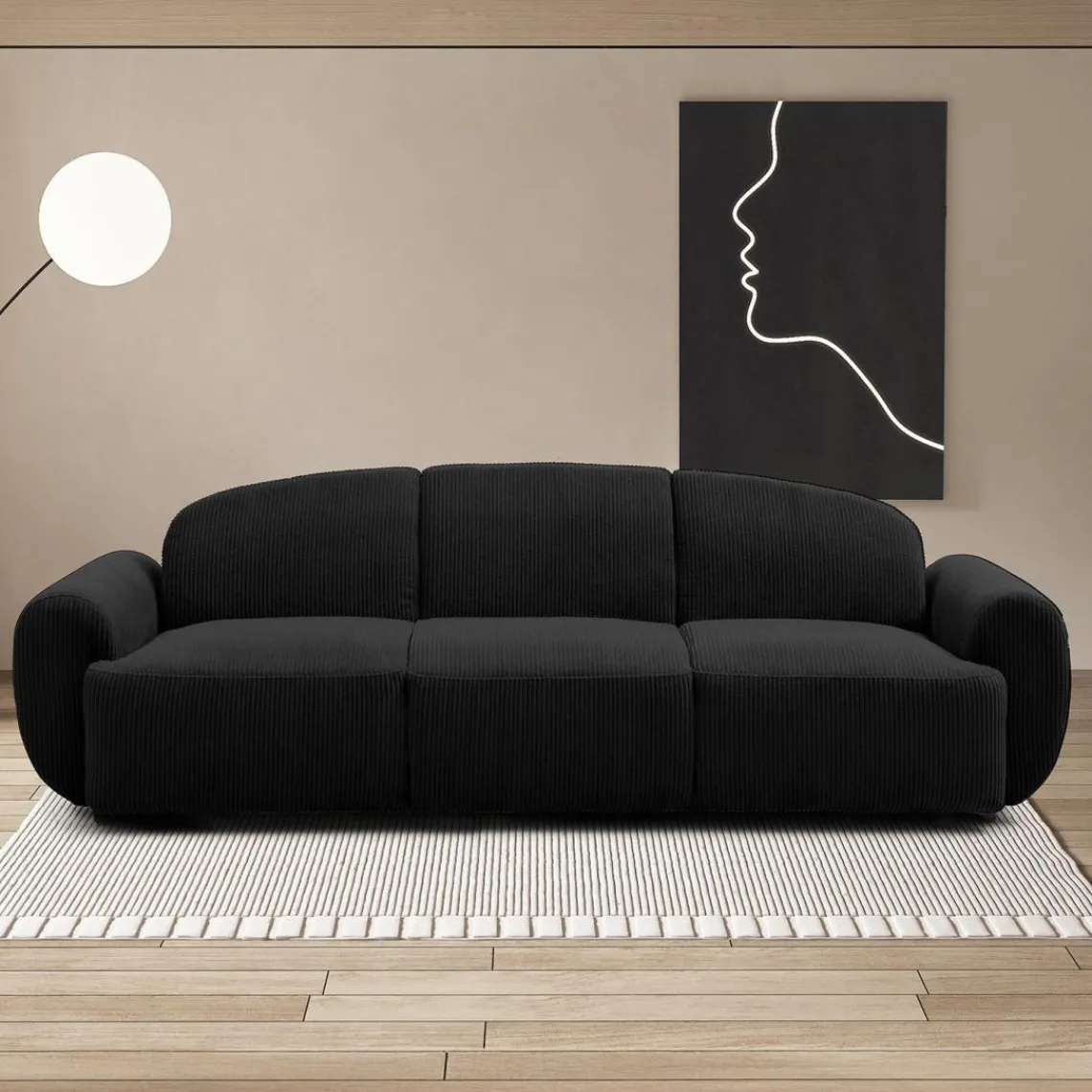 3S. x Home Canapé 3 places convertible dossier et accoudoirs arrondis Oliver Velours côtelé Noir Clearance