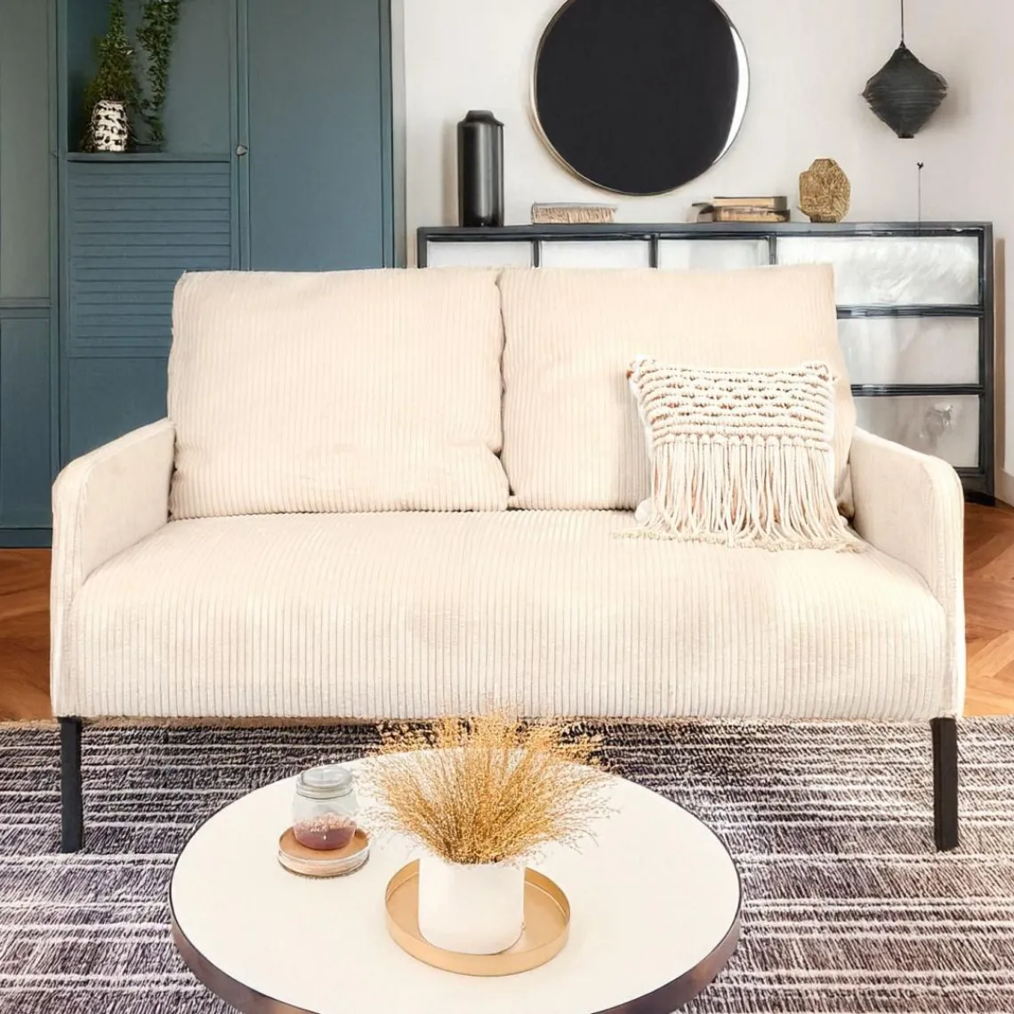 3S. x Home Canapé 2 places moderne et élégant Manuelo Velours côtelé Beige Online