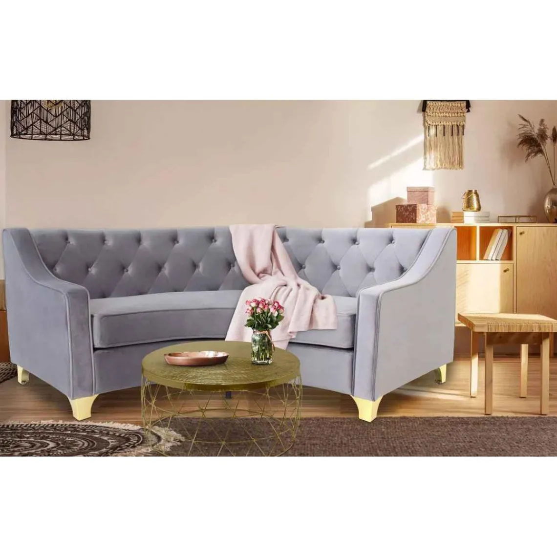 3S. x Home Canapé 3 Places Velours Gris Et Pieds Or Best