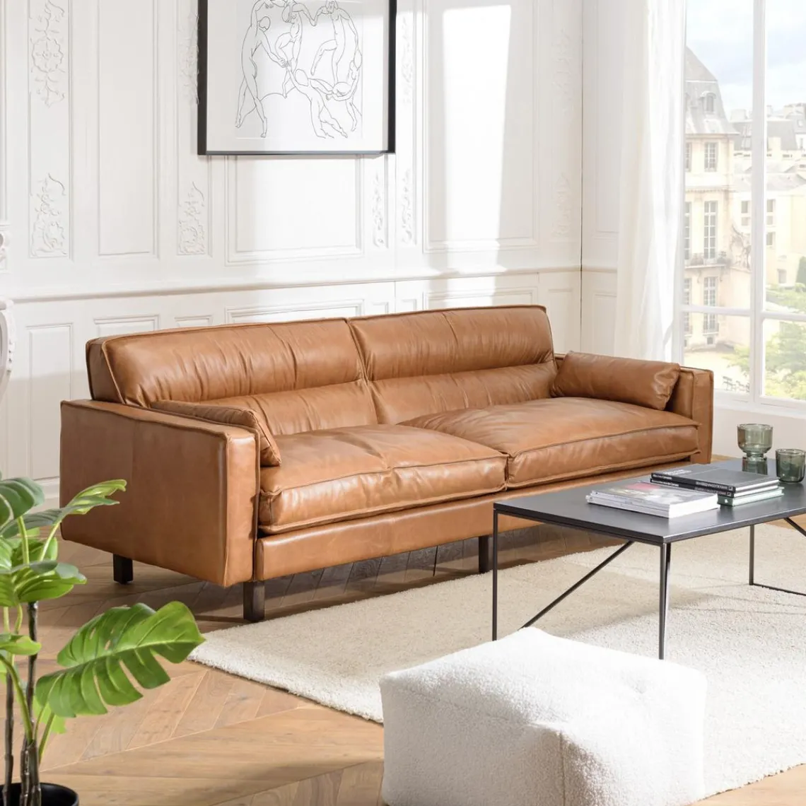 Macabane Canapé 3 places vintage en cuir marron camel, pieds en bois GASTON New