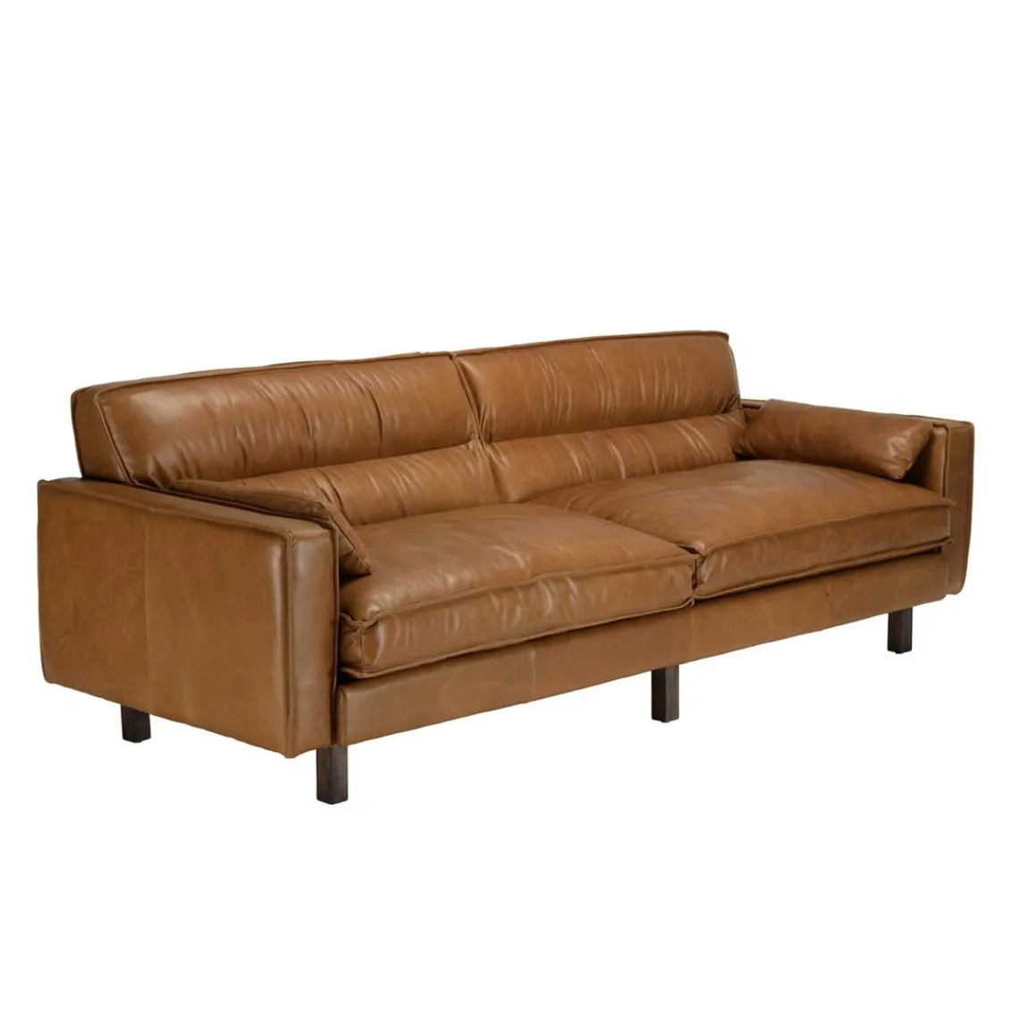 Macabane Canapé 3 places vintage en cuir marron camel, pieds en bois GASTON New