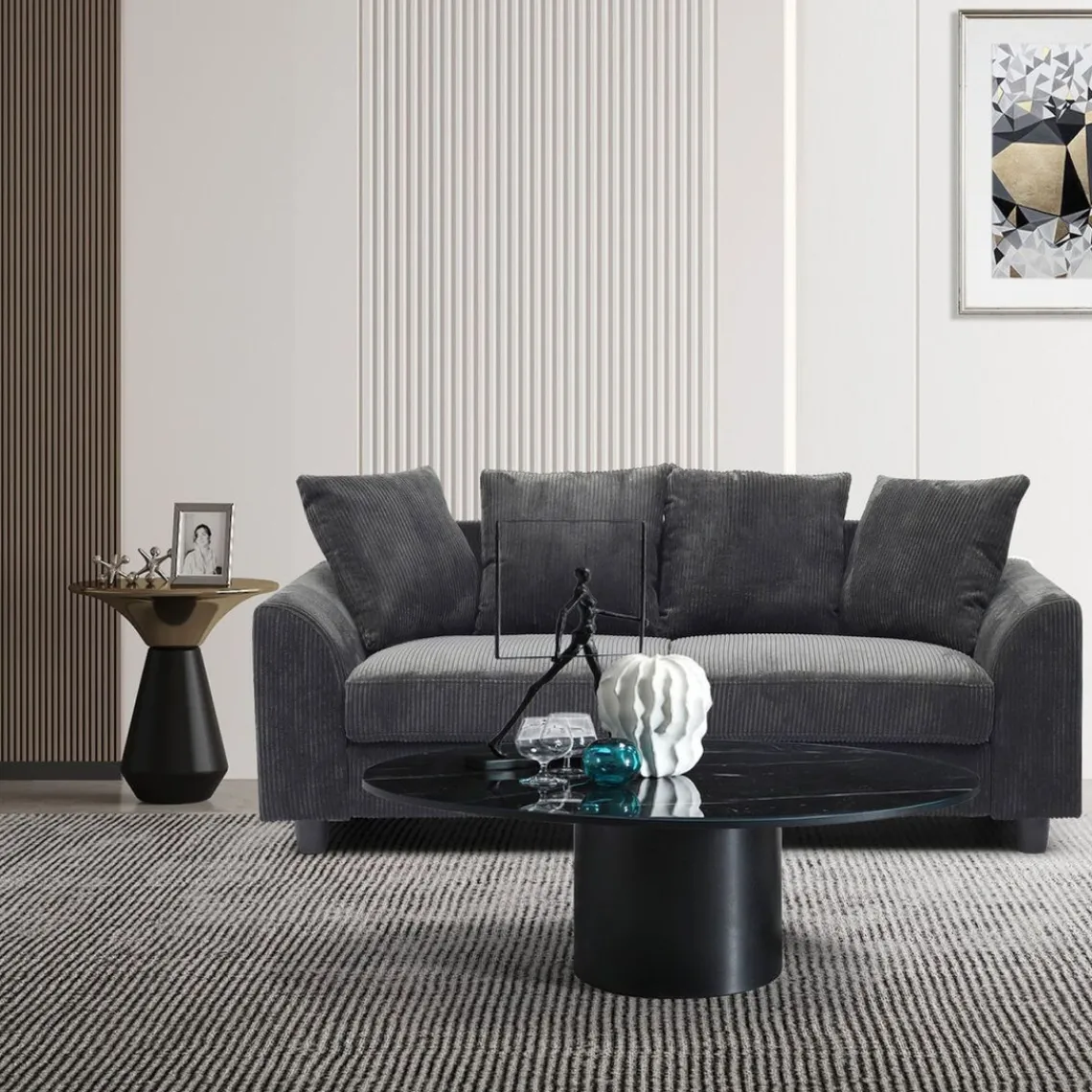 3S. x Home Canapé contemporain 3 places Mozart Velours côtelé Gris foncé Hot