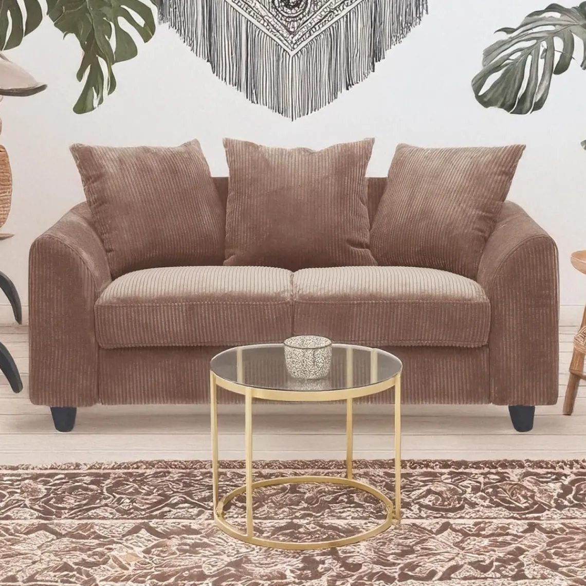 3S. x Home Canapé contemporain 2 places Mozart Velours côtelé Marron Discount