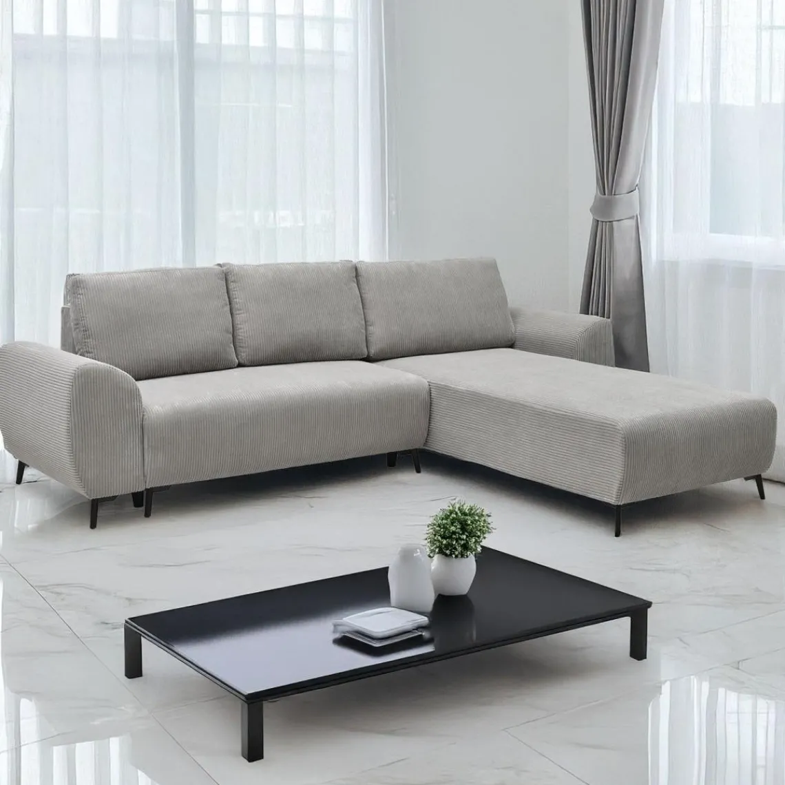 3S. x Home Canapé convertible avec angle à droite Paolo Velours côtelé Gris Online