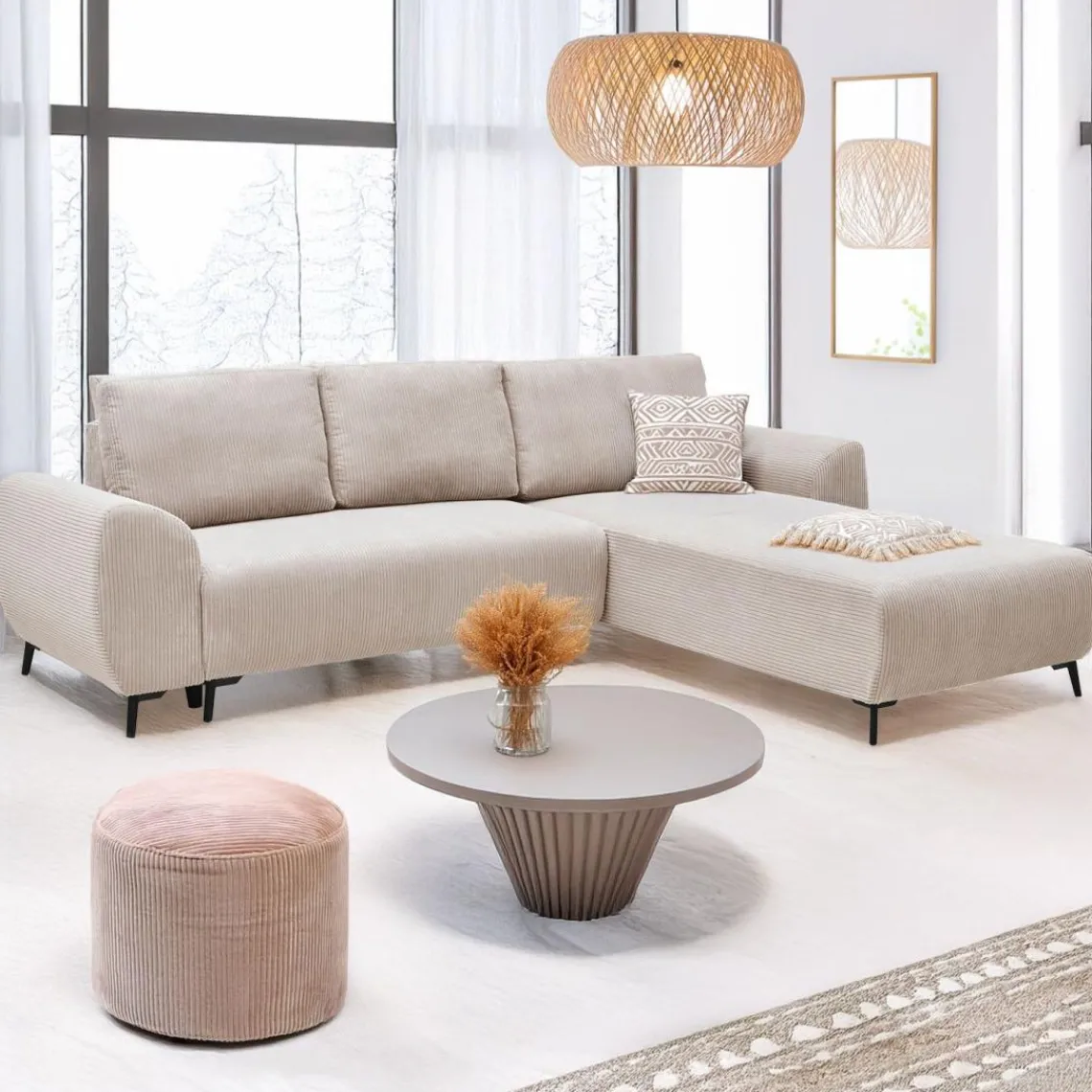 3S. x Home Canapé convertible avec angle réversible Paolo Velours côtelé Beige Clearance