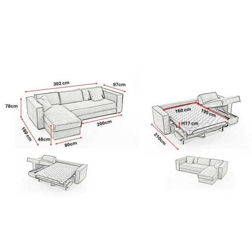 3S. x Home Canapé d'angle reversible convertible express avec méridienne coffre ISABELLA Angle Gris clair