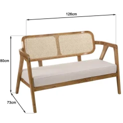 Macabane Canapé FLORES 2 places en teck avecdossier cannage naturel et coussin gris WILL Marron Best