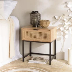 Macabane Chevet 1 tiroir cannage naturel pieds métal noir MARCEAU Outlet