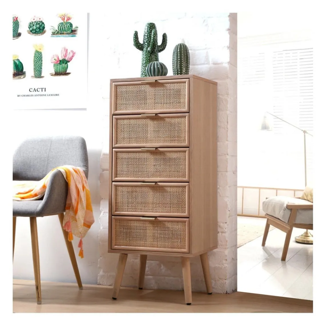 Calicosy Chiffonnier 5 tiroirs façades en rotin naturel en bois Beige Online