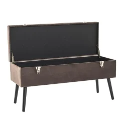 3S. x Home Coffre de rangement en MDF avec assise rembourrée et rabattable recouvert de tissu velours Taupe et pieds en bois de pin laqué noir Discount