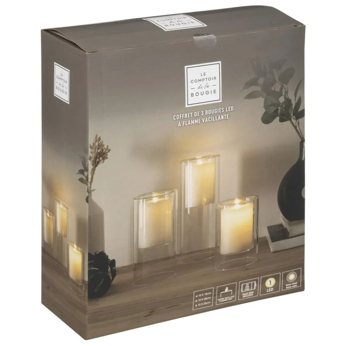 3S. x Home Coffret de 3 bougies LED double en verre New