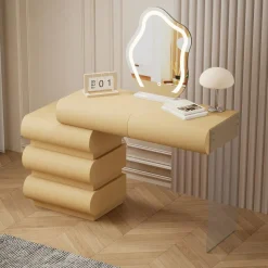3S. x Home Coiffeuse avec 5 tiroirs arrondis et miroir design Mezade Beige Discount