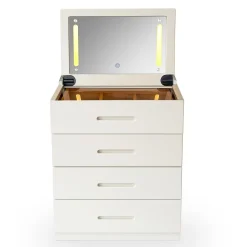3S. x Home Coiffeuse compacte avec miroir LED, tiroir et pouf intégré Germina XL Blanc Best