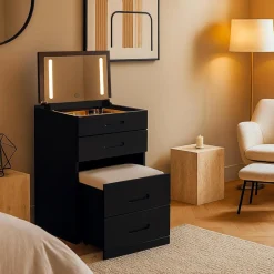 3S. x Home Coiffeuse compacte avec miroir LED, tiroir et pouf intégré Germina XL Noir Clearance