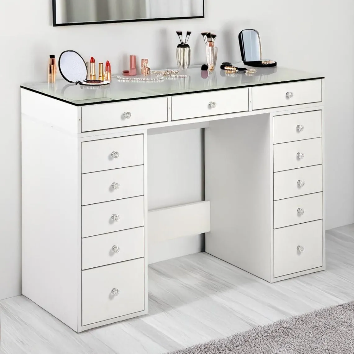3S. x Home Coiffeuse moderne avec 13 tiroirs et plateau en verre transparent Probeauty Blanc Discount