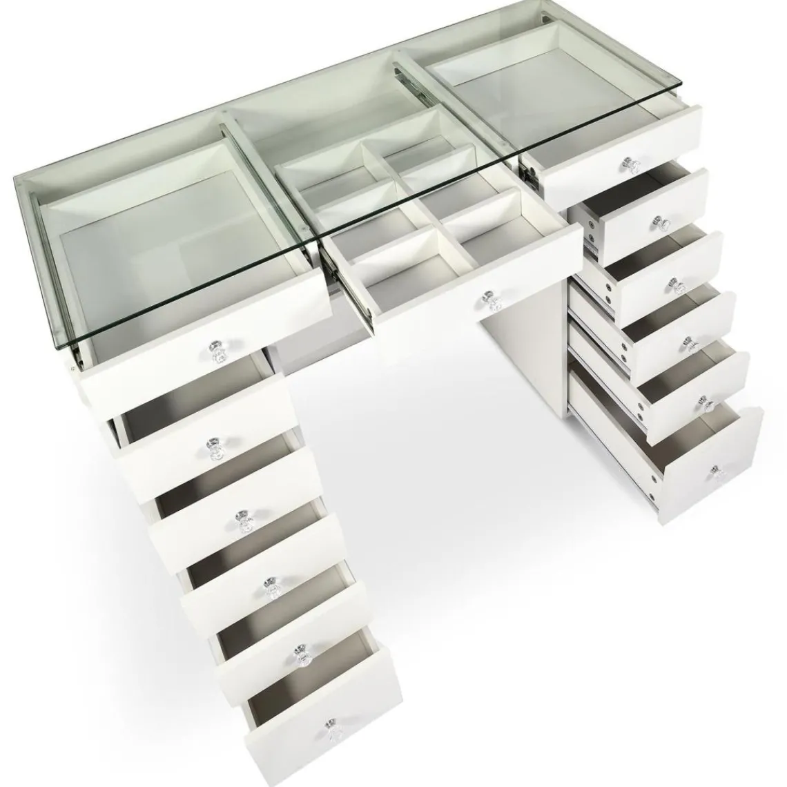 3S. x Home Coiffeuse moderne avec 13 tiroirs et plateau en verre transparent Probeauty Blanc Discount