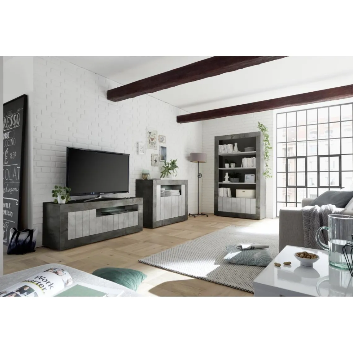 3S. x Home Colonne 3 étagères en bois et 2 portes URBINO oxyde et cement New