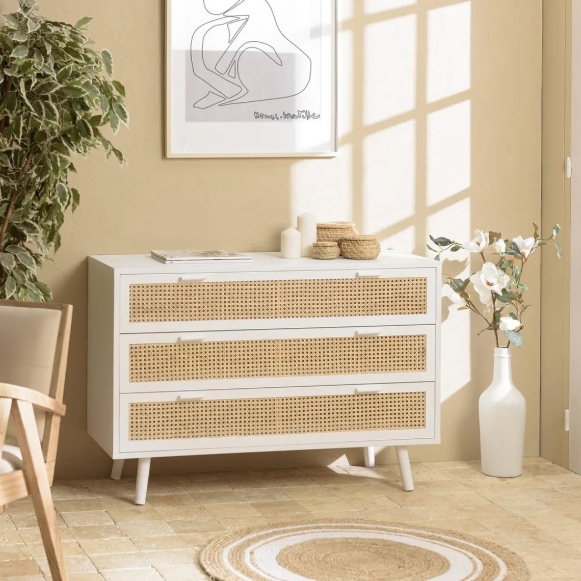 Macabane Commode he 3 tiroirs cannage naturel SANDRO Blanc New