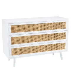 Macabane Commode he 3 tiroirs cannage naturel SANDRO Blanc New