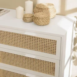 Macabane Commode he 3 tiroirs cannage naturel SANDRO Blanc New