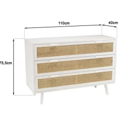 Macabane Commode he 3 tiroirs cannage naturel SANDRO Blanc New