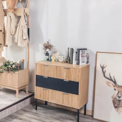 Nordlys Commode Chambre Scandinave Bois Metal 3 Tiroirs Rangement Marron