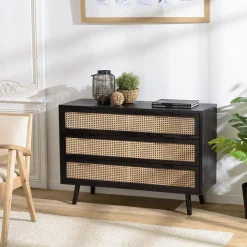 Macabane Commode e 3 tiroirs cannage naturel ANGELO Noir Hot