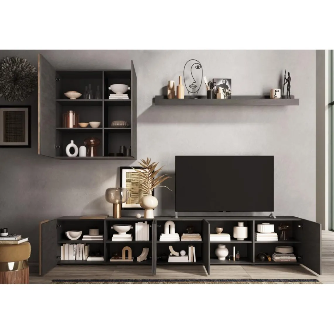 3S. x Home Composition murale meuble TV, étagère et buffet mural gris titan Best