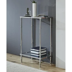 3S. x Home Console chromée avec plateaux en verre trempé transparent et structure en métal