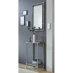 3S. x Home Console chromée avec plateaux en verre trempé transparent et structure en métal