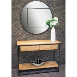 3S. x Home Console en métal noir avec étagères et tiroirs en chêne New