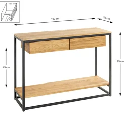 3S. x Home Console en métal noir avec étagères et tiroirs en chêne New