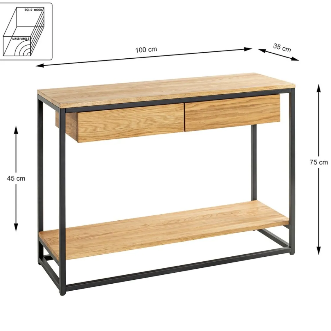 3S. x Home Console en métal noir avec étagères et tiroirs en chêne New