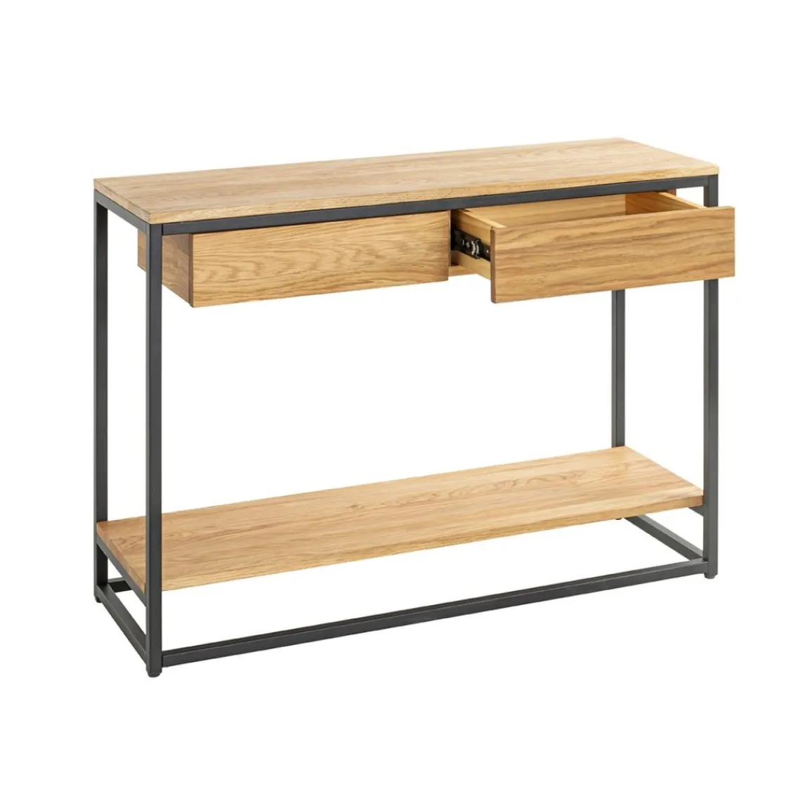 3S. x Home Console en métal noir avec étagères et tiroirs en chêne New