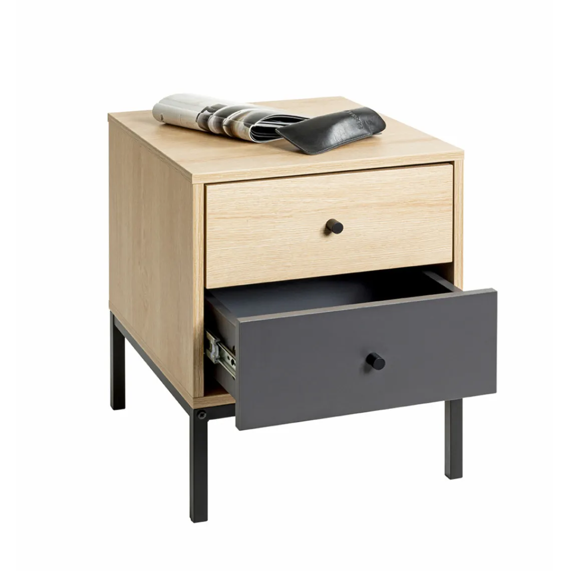 3S. x Home Console en tube d'acier peint en noir par poudrage corps en MDF décor chêne naturel New