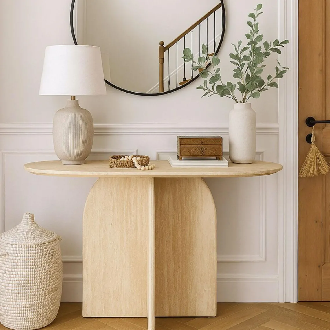 3S. x Home Console moderne ovale Calyptus Effet travertin Beige