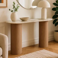 3S. x Home Console moderne pieds colonnes Eglantine Bois et Céramique Effet marbre Blanc